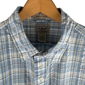 LLBean Mens L Seersucker Plaid Short Sleeve Button Up Shirt Slightly Fitted